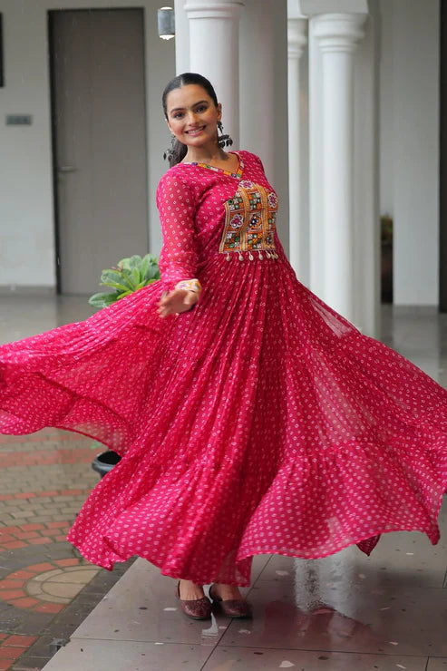 Dixz Fashion Bandhani Print work with kutchi patchework in Faux Georgette Gown For Navratri