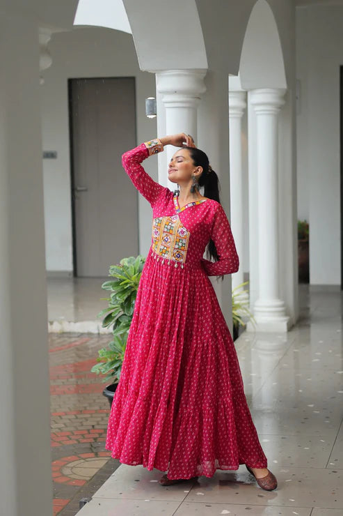 Dixz Fashion Bandhani Print work with kutchi patchework in Faux Georgette Gown For Navratri