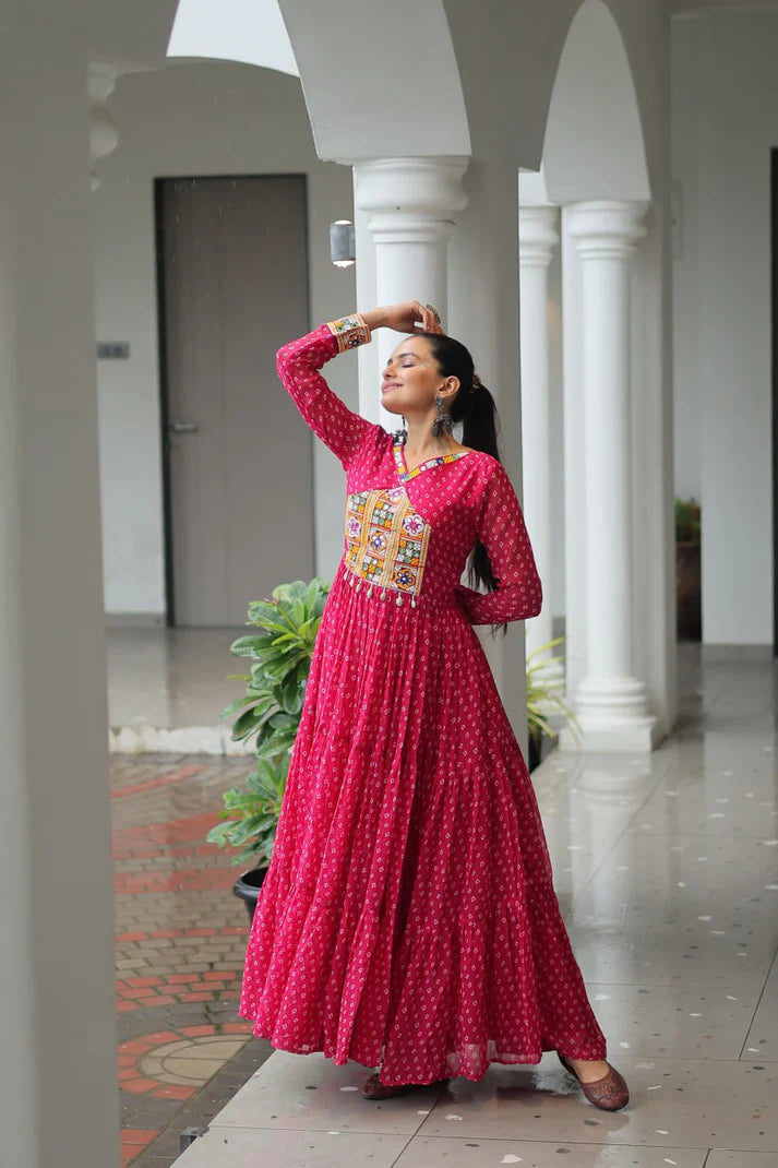 Dixz Fashion Bandhani Print work with kutchi patchework in Faux Georgette Gown For Navratri