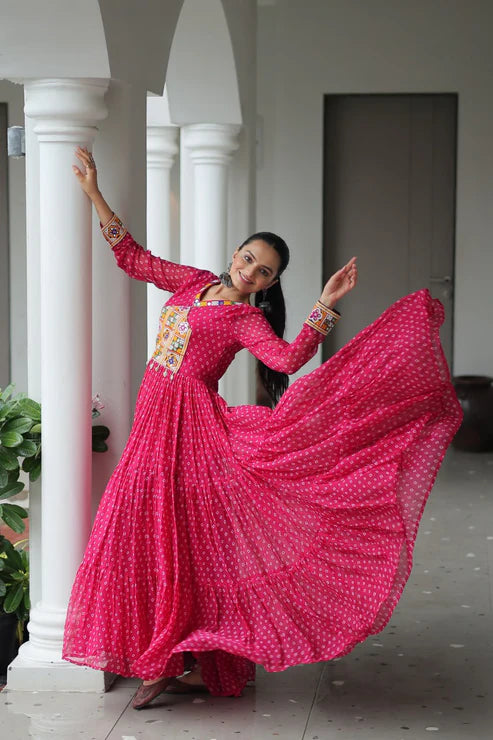 Dixz Fashion Bandhani Print work with kutchi patchework in Faux Georgette Gown For Navratri