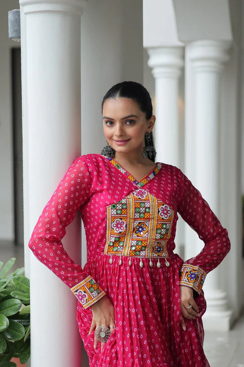 Dixz Fashion Bandhani Print work with kutchi patchework in Faux Georgette Gown For Navratri