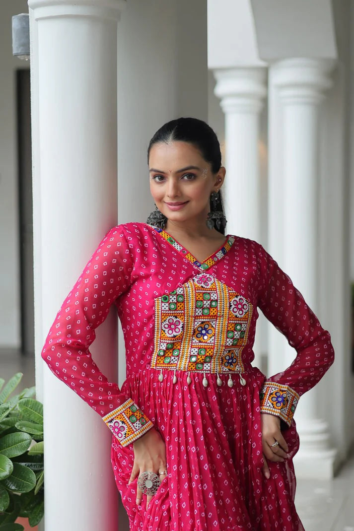 Dixz Fashion Bandhani Print work with kutchi patchework in Faux Georgette Gown For Navratri