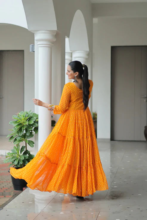 Dixz Fashion Bandhani Print work with kutchi patchework in Faux Georgette Gown For Navratri