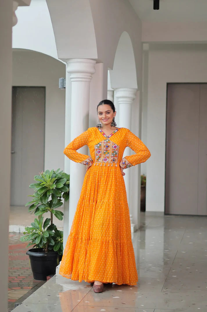 Dixz Fashion Bandhani Print work with kutchi patchework in Faux Georgette Gown For Navratri