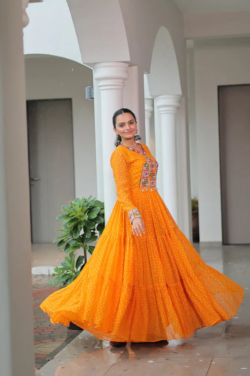 Dixz Fashion Bandhani Print work with kutchi patchework in Faux Georgette Gown For Navratri