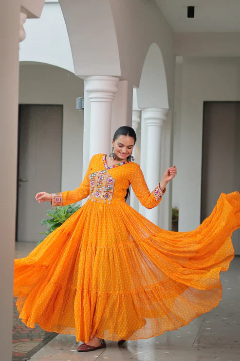 Dixz Fashion Bandhani Print work with kutchi patchework in Faux Georgette Gown For Navratri