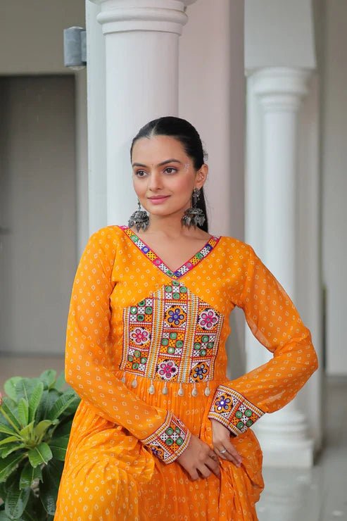 Dixz Fashion Bandhani Print work with kutchi patchework in Faux Georgette Gown For Navratri