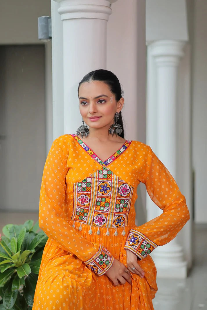 Dixz Fashion Bandhani Print work with kutchi patchework in Faux Georgette Gown For Navratri