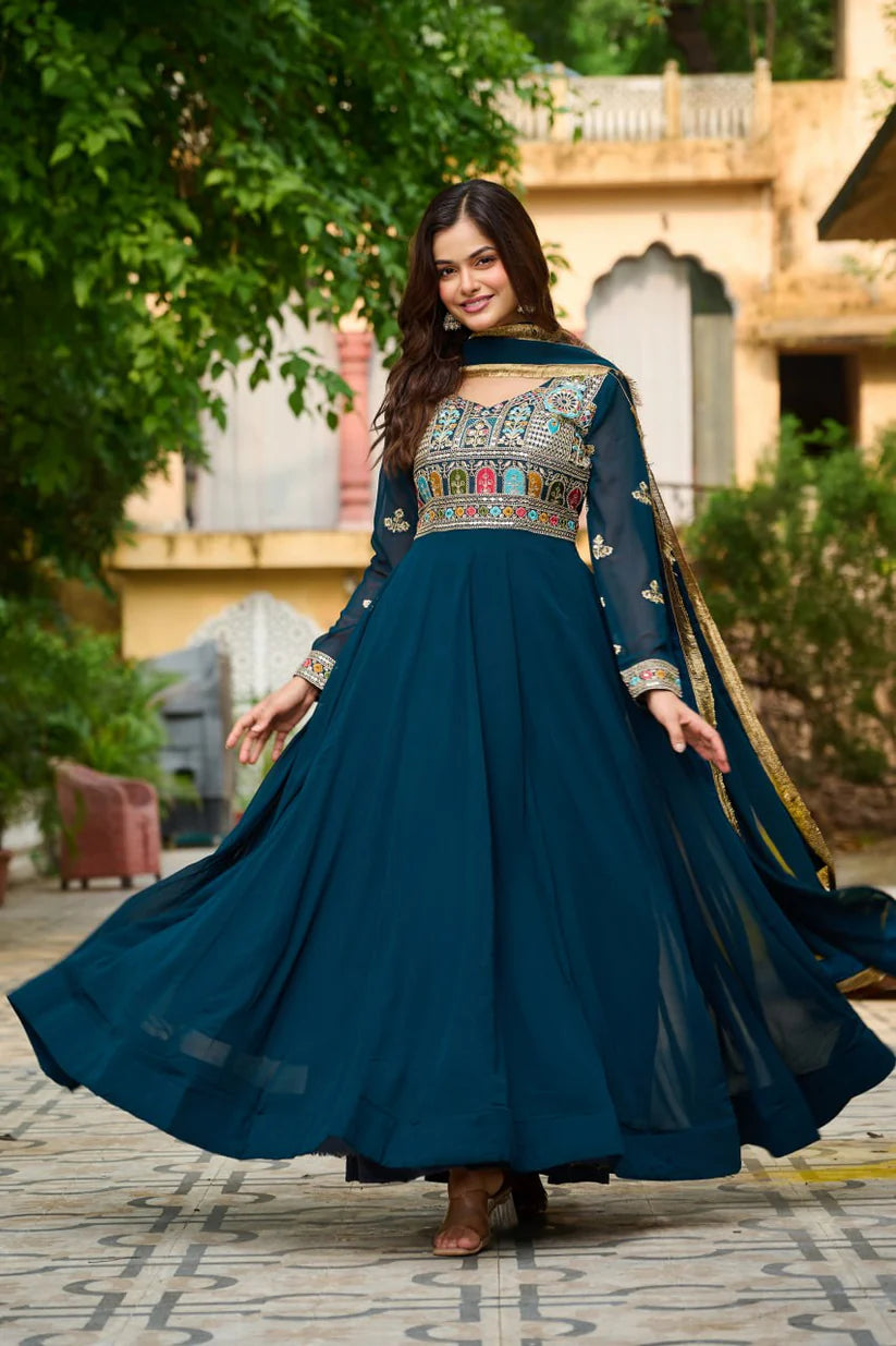 Dixz Fashion Faux Blooming with Sequins & Multi Thread Embroidered work Gown