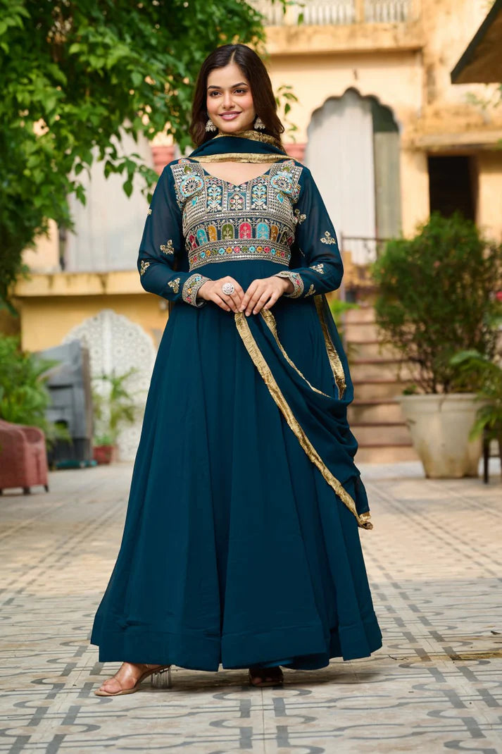 Dixz Fashion Faux Blooming with Sequins & Multi Thread Embroidered work Gown