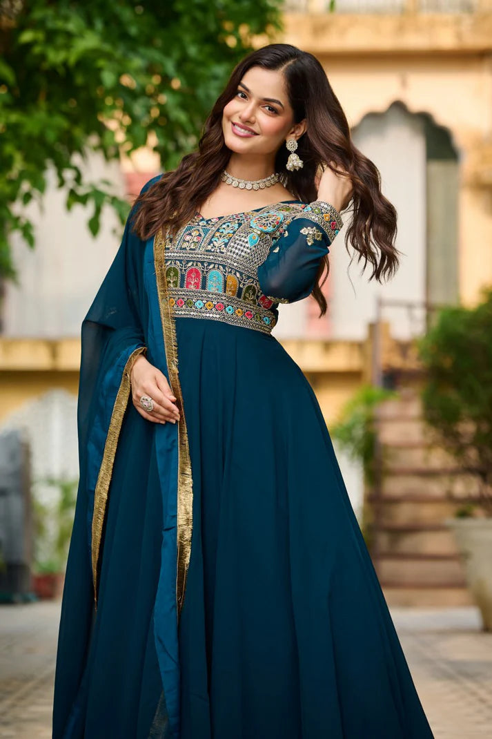 Dixz Fashion Faux Blooming with Sequins & Multi Thread Embroidered work Gown