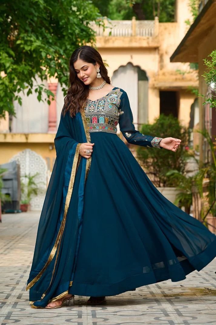 Dixz Fashion Faux Blooming with Sequins & Multi Thread Embroidered work Gown