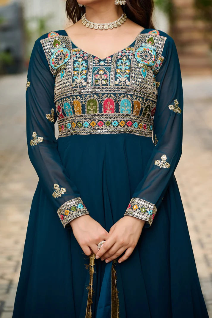 Dixz Fashion Faux Blooming with Sequins & Multi Thread Embroidered work Gown