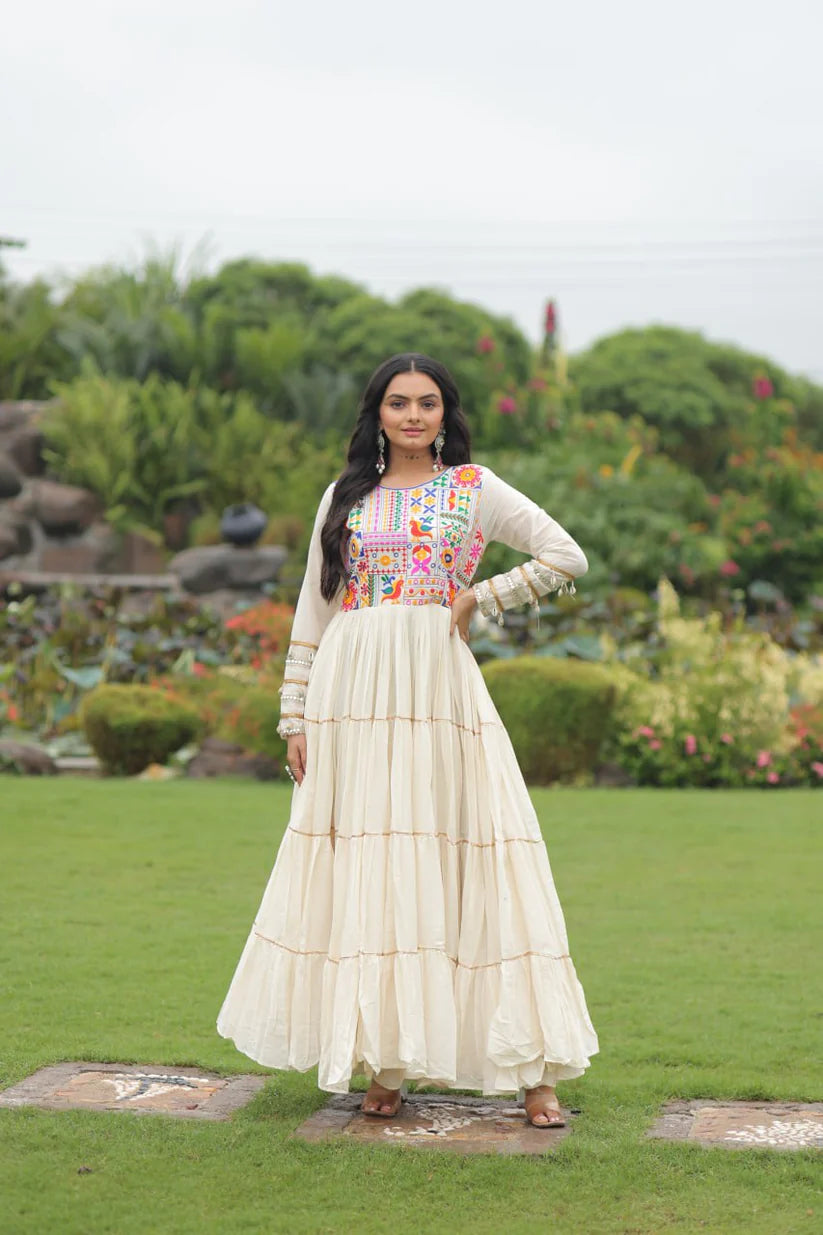 Dixz Fashion Kora Cotton with Multi Thread Embroidered & Gota patti Work For Navratri