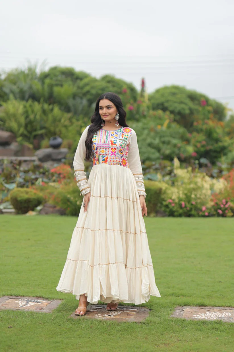 Dixz Fashion Kora Cotton with Multi Thread Embroidered & Gota patti Work For Navratri