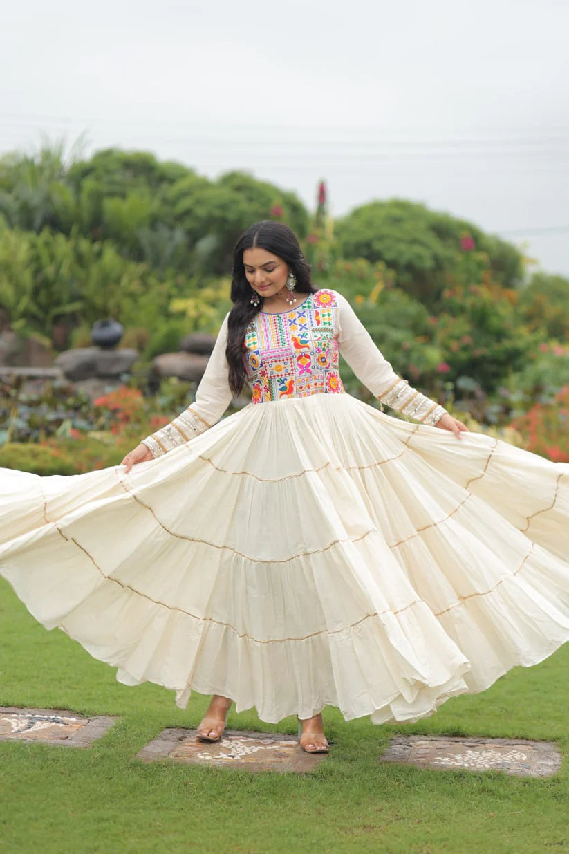 Dixz Fashion Kora Cotton with Multi Thread Embroidered & Gota patti Work For Navratri