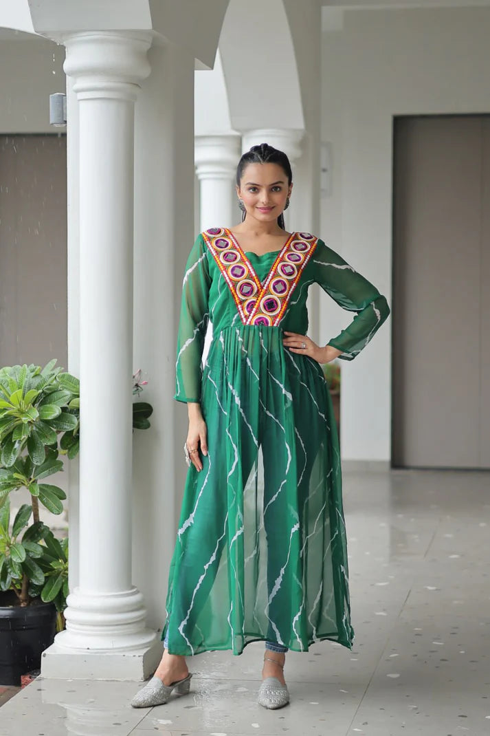 Leheriya Print work with kutchi Patchework in Faux Georgette for Navratri