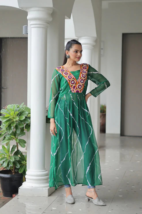 Leheriya Print work with kutchi Patchework in Faux Georgette for Navratri
