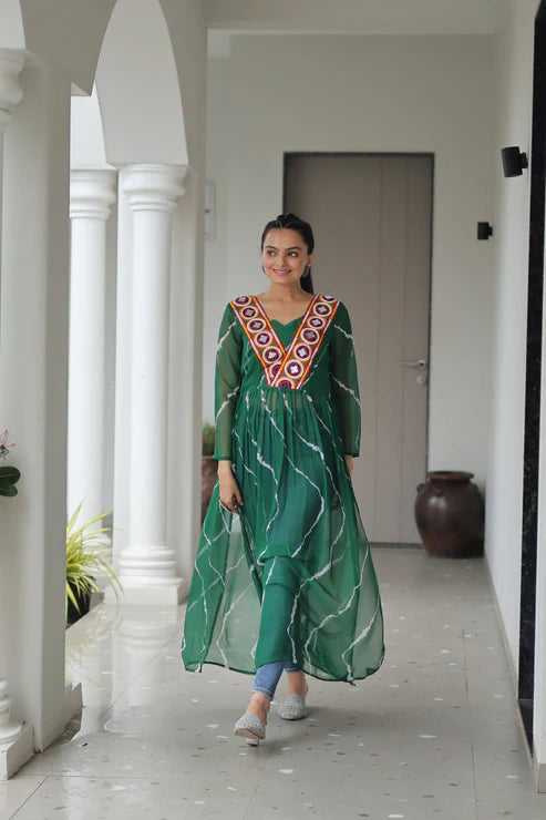 Leheriya Print work with kutchi Patchework in Faux Georgette for Navratri