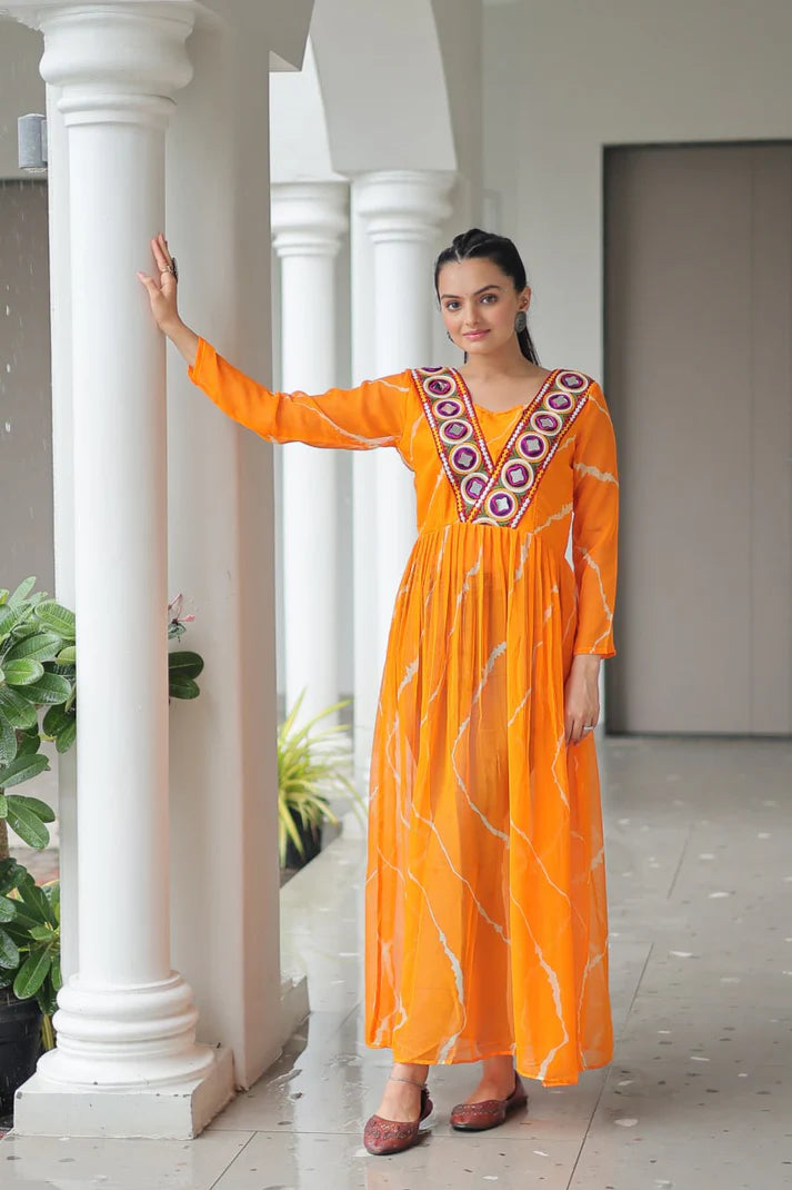 Leheriya Print work with kutchi Patchework in Faux Georgette for Navratri