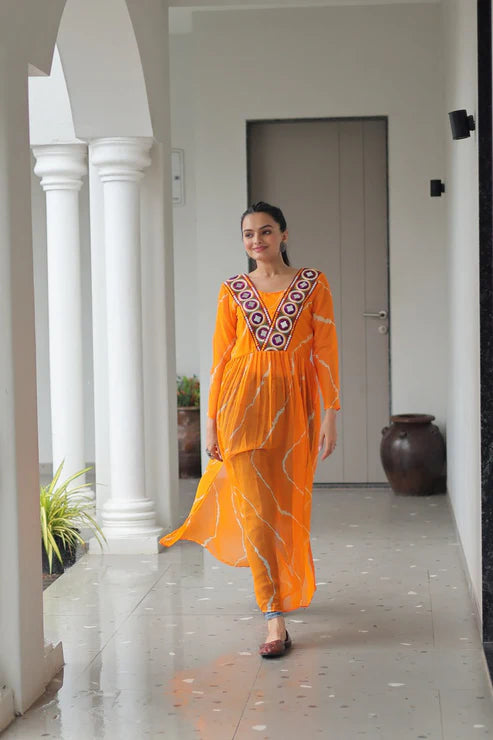 Leheriya Print work with kutchi Patchework in Faux Georgette for Navratri
