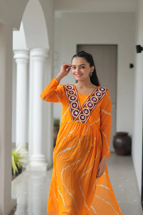 Leheriya Print work with kutchi Patchework in Faux Georgette for Navratri