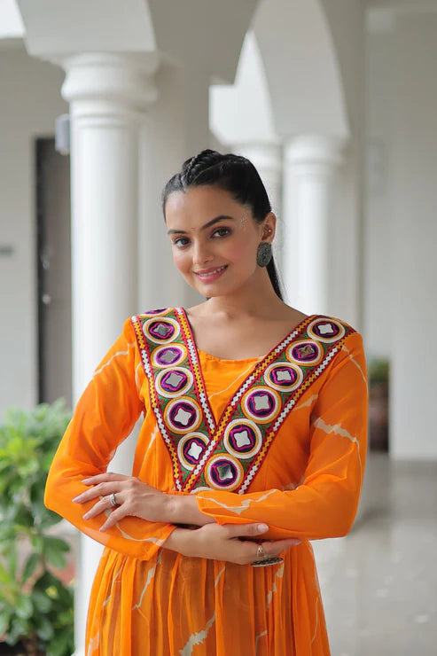 Leheriya Print work with kutchi Patchework in Faux Georgette for Navratri