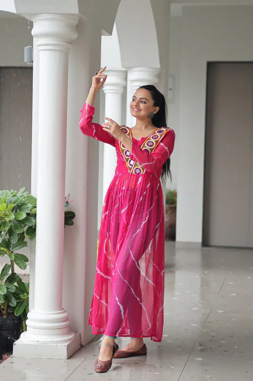 Leheriya Print work with kutchi Patchework in Faux Georgette for Navratri