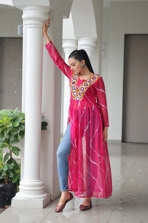 Leheriya Print work with kutchi Patchework in Faux Georgette for Navratri