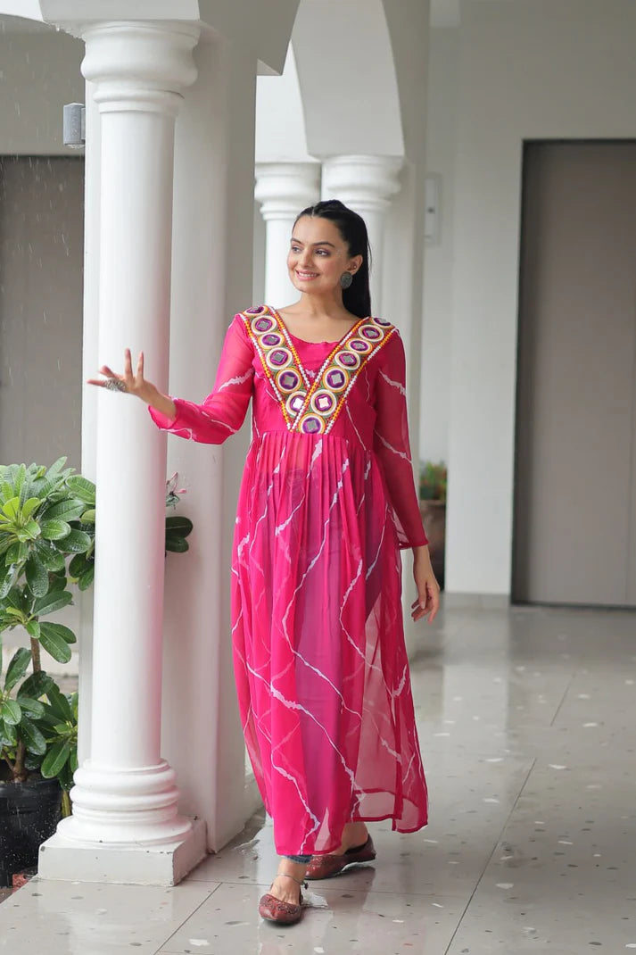 Leheriya Print work with kutchi Patchework in Faux Georgette for Navratri