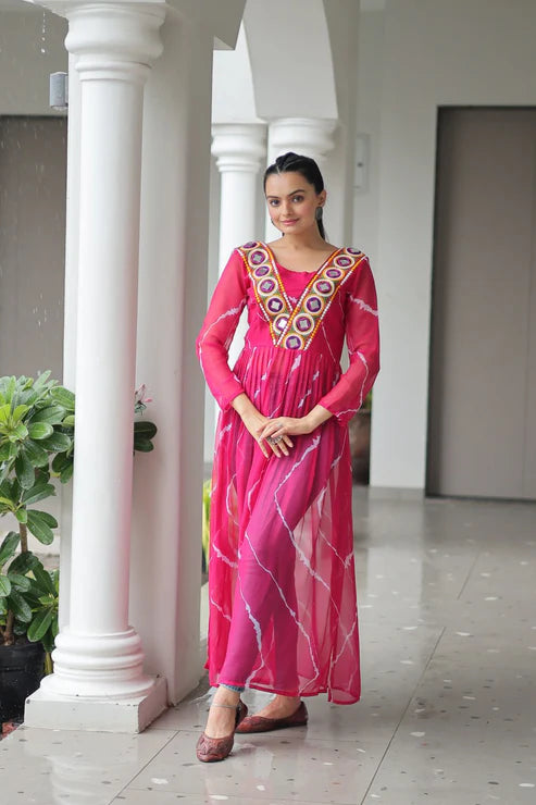 Leheriya Print work with kutchi Patchework in Faux Georgette for Navratri