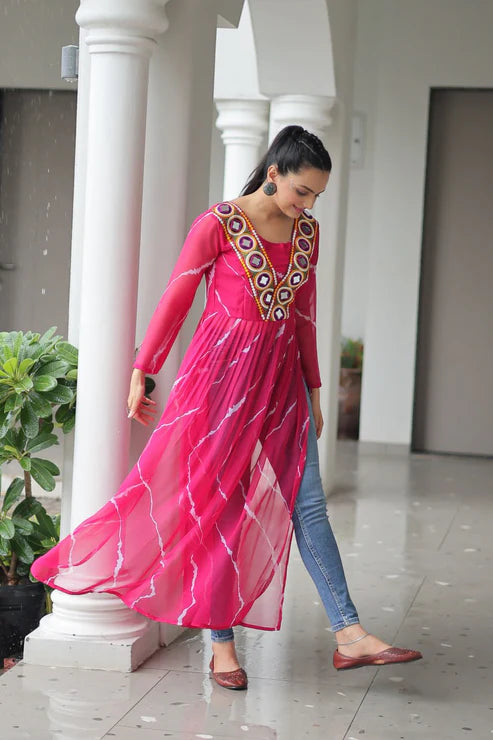 Leheriya Print work with kutchi Patchework in Faux Georgette for Navratri