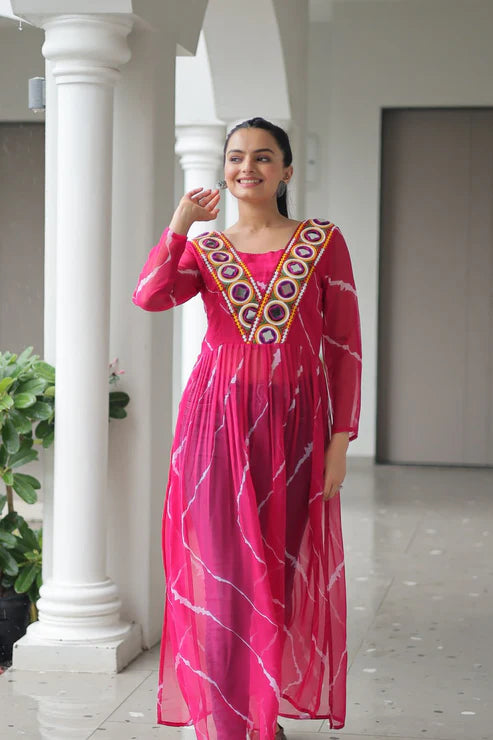 Leheriya Print work with kutchi Patchework in Faux Georgette for Navratri