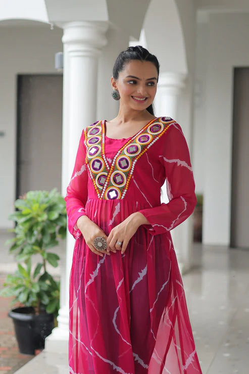 Leheriya Print work with kutchi Patchework in Faux Georgette for Navratri