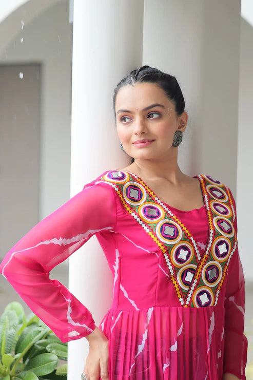 Leheriya Print work with kutchi Patchework in Faux Georgette for Navratri