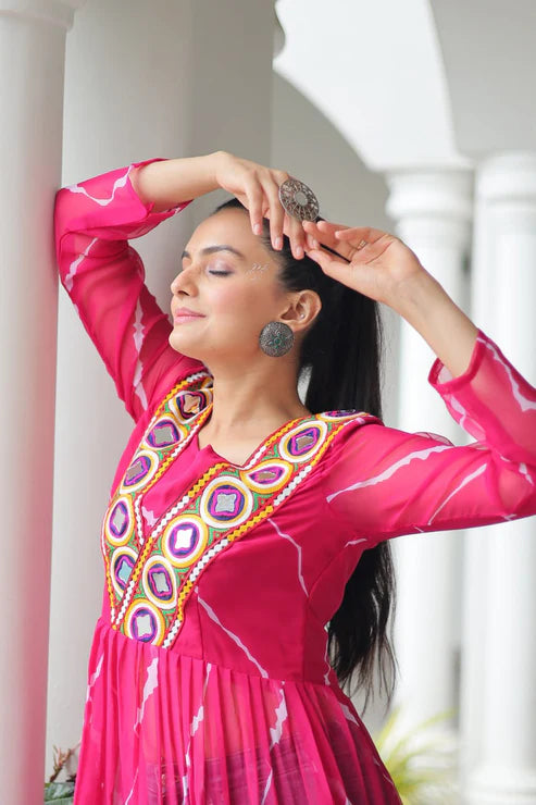 Leheriya Print work with kutchi Patchework in Faux Georgette for Navratri