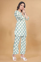 Cotton Rayon white printed Ready To wear Co-Ords Set