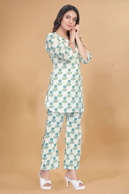 Cotton Rayon white printed Ready To wear Co-Ords Set
