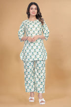 Cotton Rayon white printed Ready To wear Co-Ords Set
