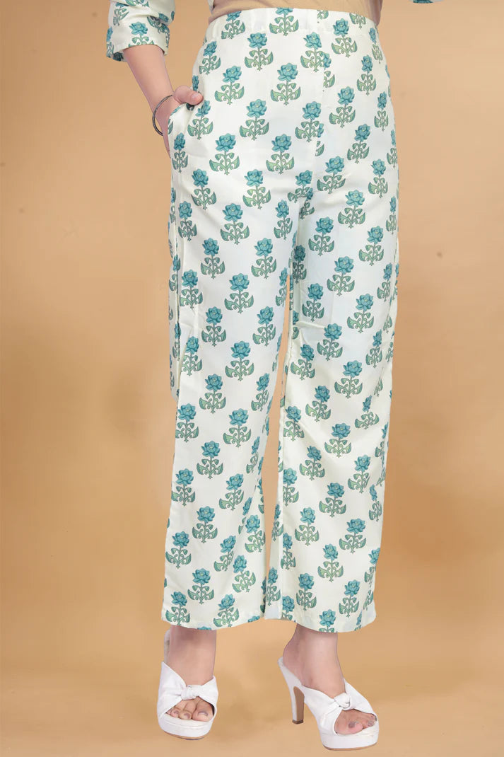 Cotton Rayon white printed Ready To wear Co-Ords Set