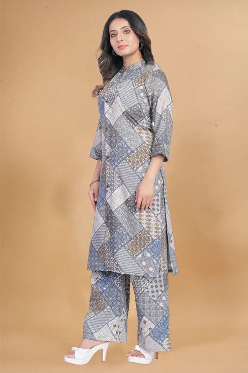 Cotton Rayon grey Ready To wear Co-Ords Set