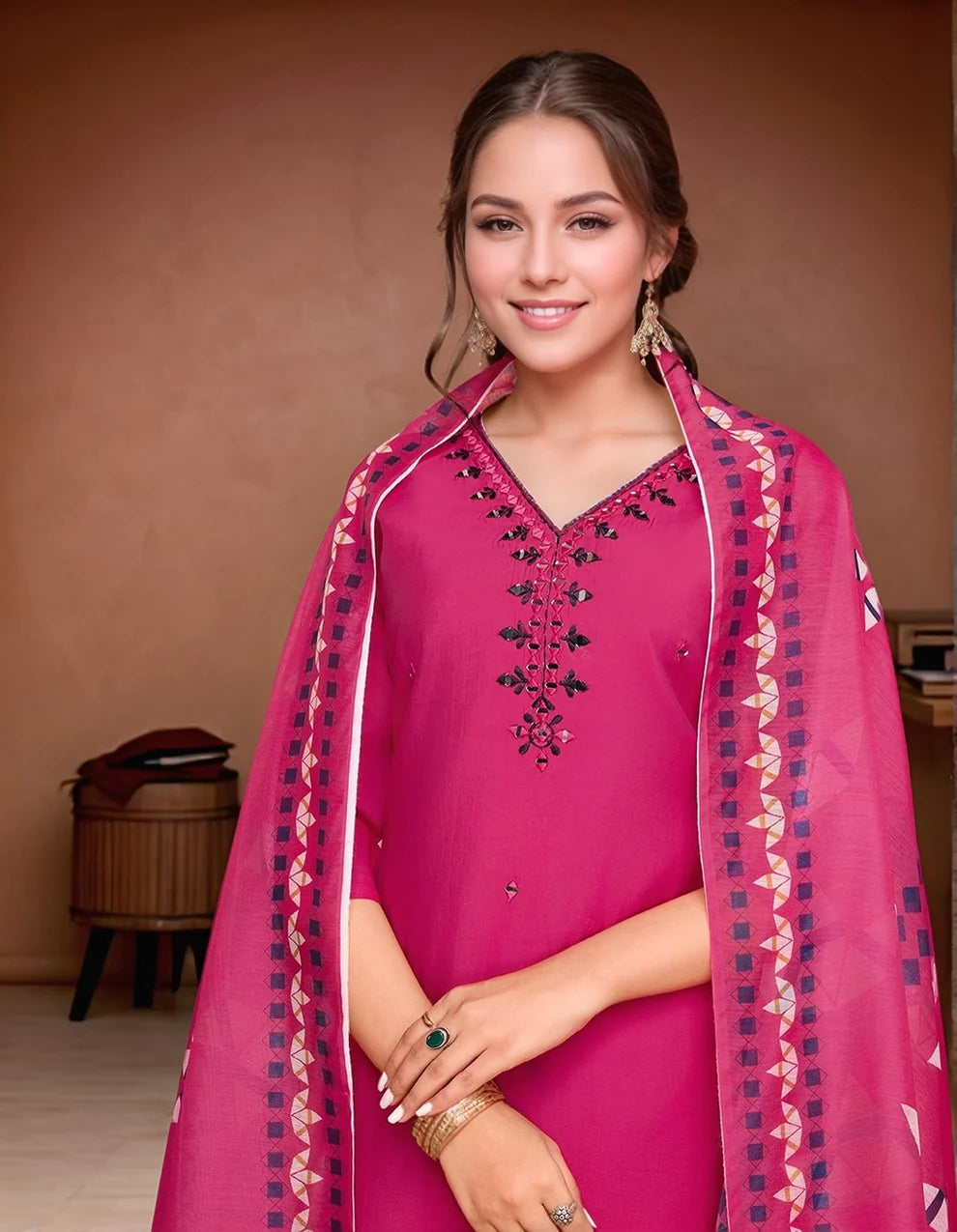 Dixz Fashion Pure Roman Silk pink mirron work kurti set