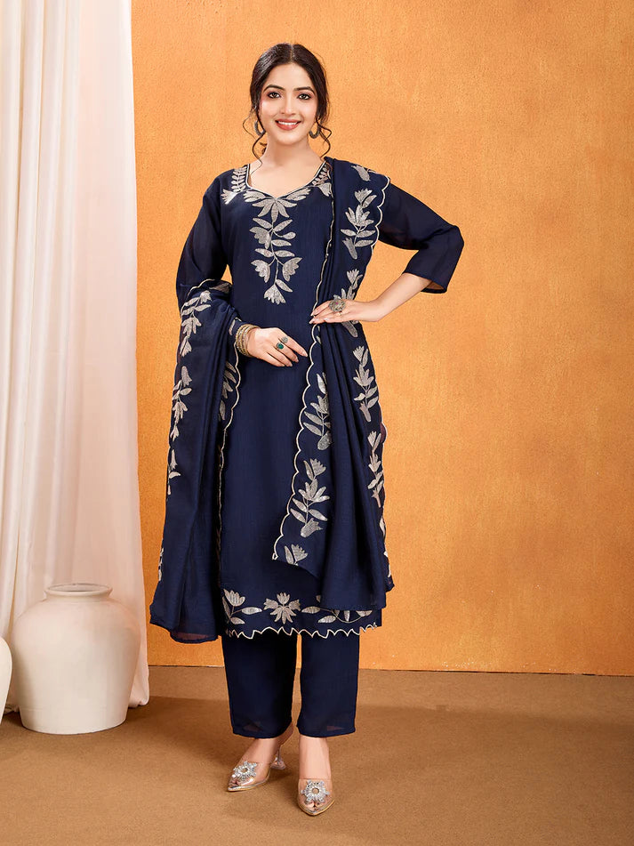 Dixz Fashion Premium Vichitra Kurti Set with Multi-Sequence Work