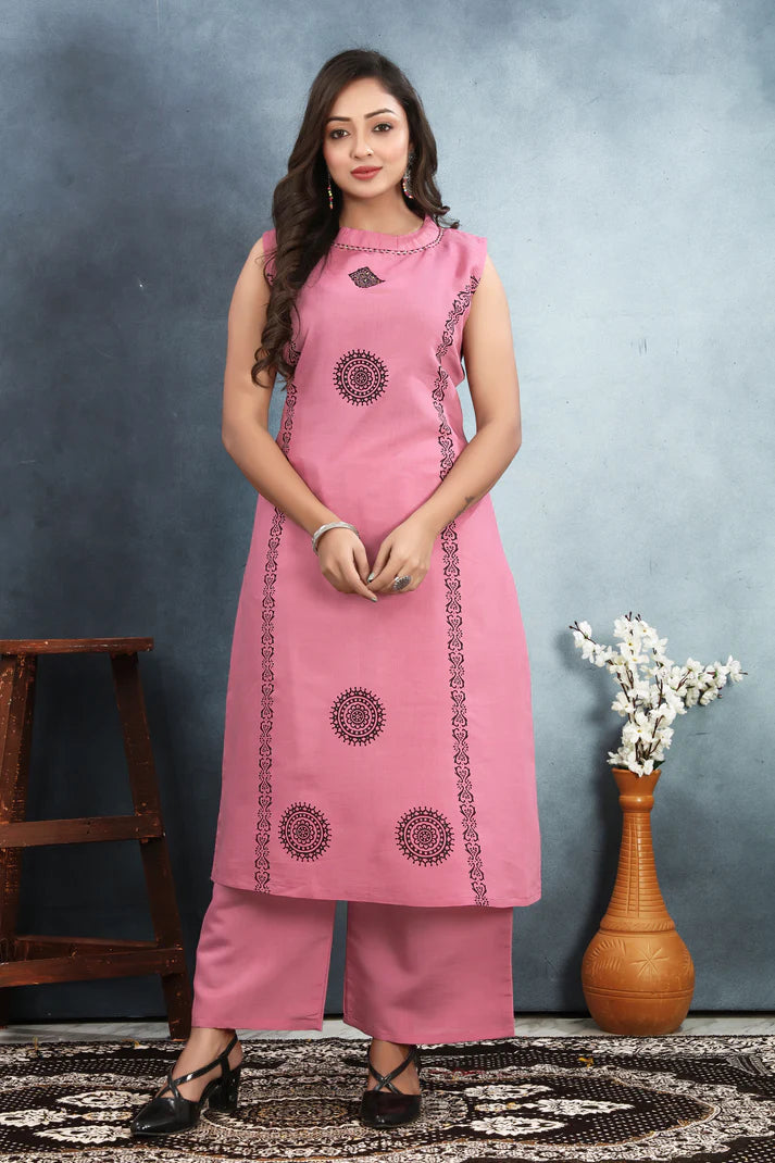 Stylish Roman Silk Suit Set with Sequin & Block Print