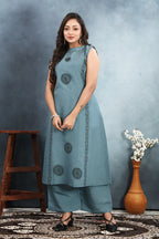 Stylish Roman Silk Suit Set with Sequin & Block Print