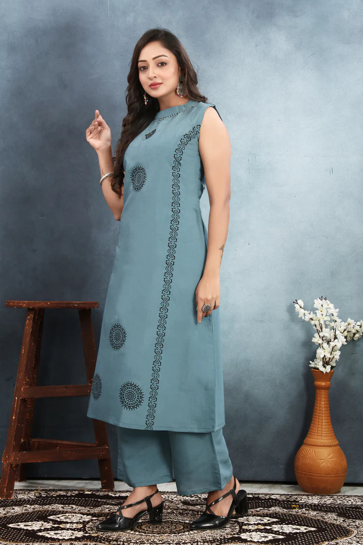 Stylish Roman Silk Suit Set with Sequin & Block Print