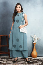 Stylish Roman Silk Suit Set with Sequin & Block Print