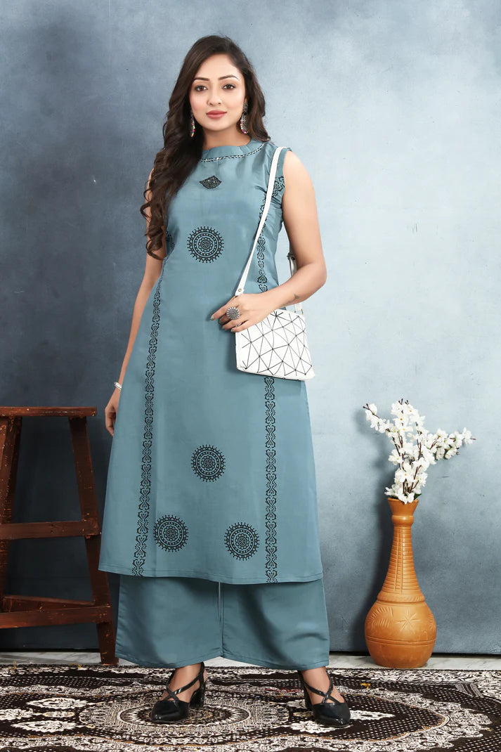 Stylish Roman Silk Suit Set with Sequin & Block Print