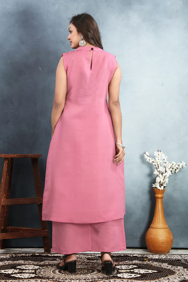 Stylish Roman Silk Suit Set with Sequin & Block Print