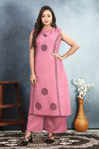 Stylish Roman Silk Suit Set with Sequin & Block Print